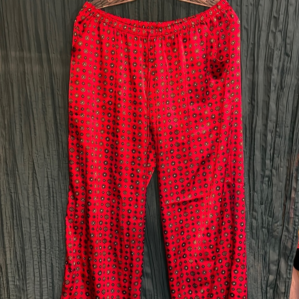 Red pattern silkie pajama bottoms.